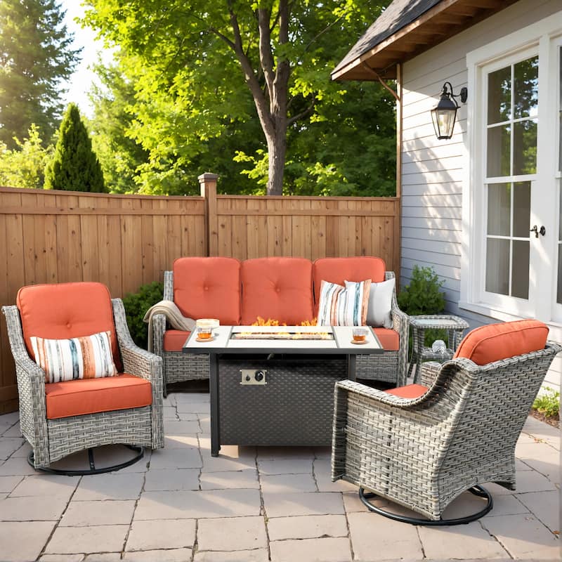 HOOOWOOO 5-piece Wicker Outdoor Furniture Swivel Chairs Set with Fire Pit - Red