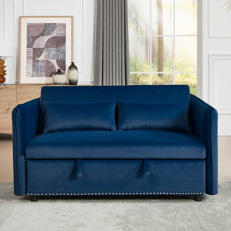 3 in 1 Convertible Sleeper Futon Sofa Bed, 55" Blue Velvet Loveseat with Reclining Backrest and Side Pockets