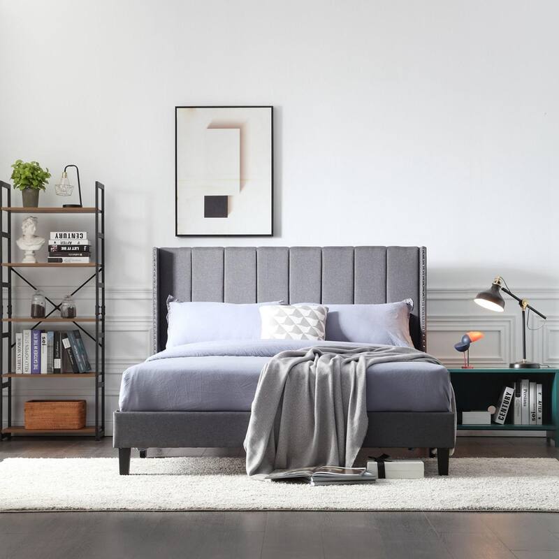 Bed Frame Set, Beds Headboard with Wings & Platform & Slats,