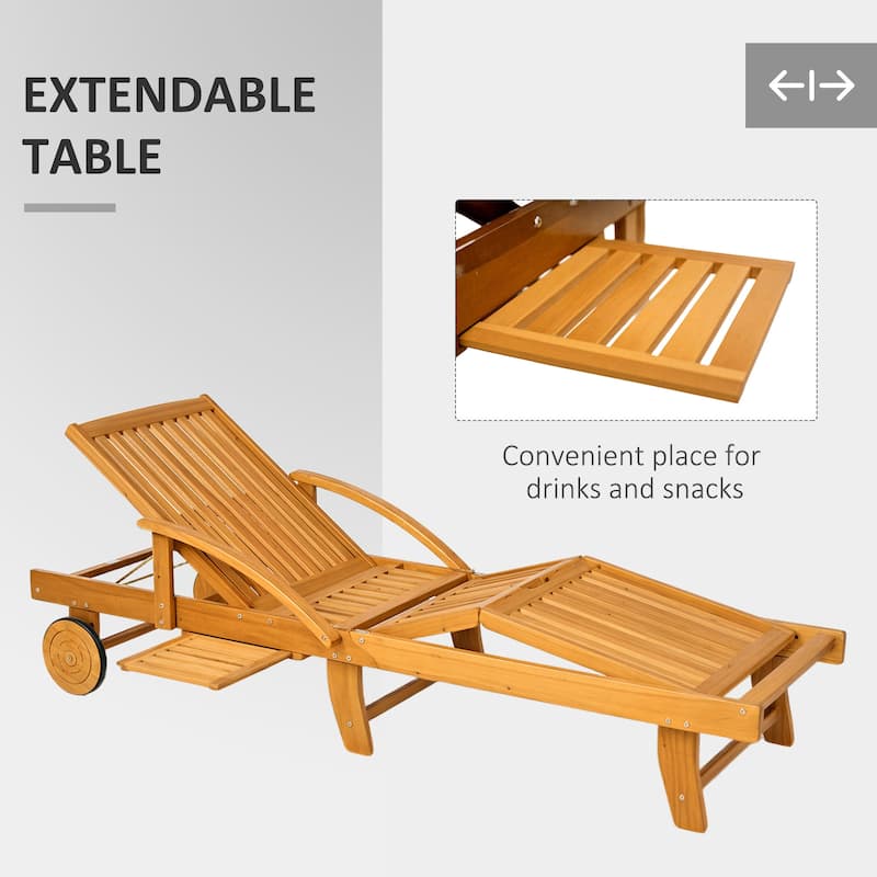 Teak Acacia Wood Folding Lounge Chair with Adjustable Backrest Pull Outside Table and Wheels for Patio Garden and Poolside