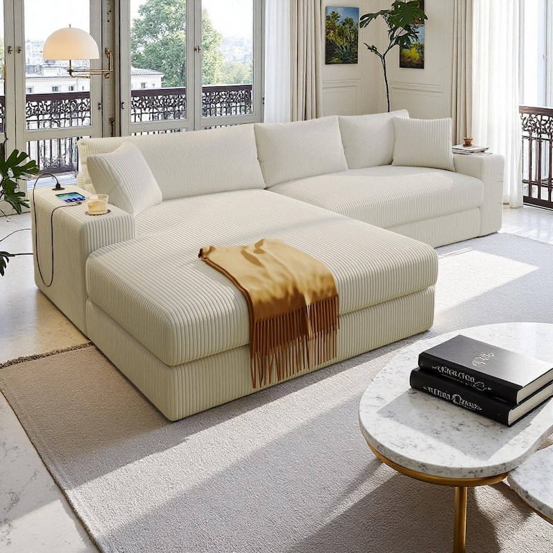 Luxurious Large Sectional Sofa with Thick Cushions, Lounge, Built-in Cup Holders & Charging Ports - Beige