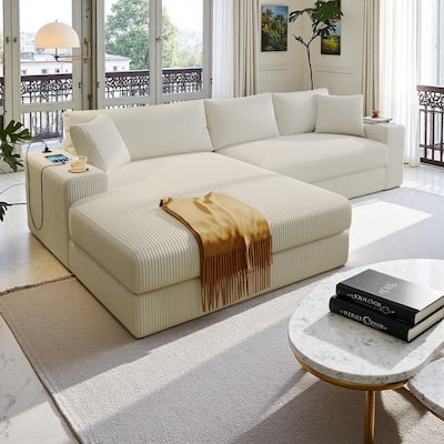 Luxurious Large Sectional Sofa with Thick Cushions, Lounge, Built-in Cup Holders & Charging Ports