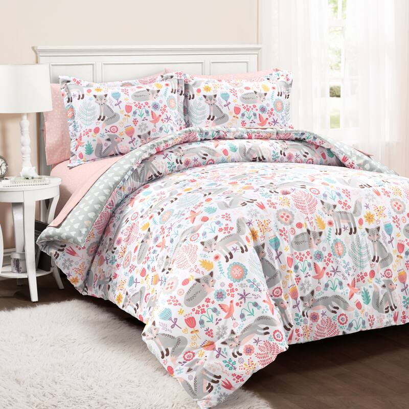 Lush Decor Pixie Fox With Sheet Set Kids Back To Campus Comforter - Pink/Gray - Twin XL