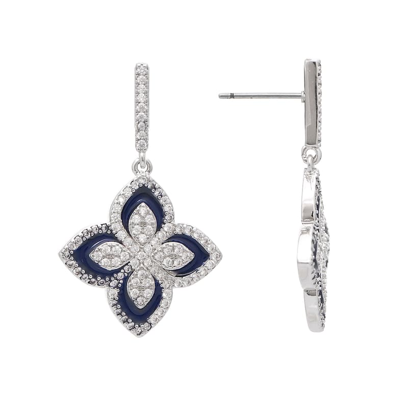 Rhodium Flower Enamel and CZ Drop Earring - 1.25" Long