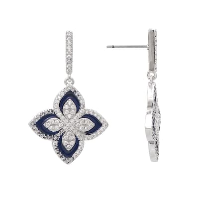 Rhodium Flower Enamel and CZ Drop Earring - 1.25" Long