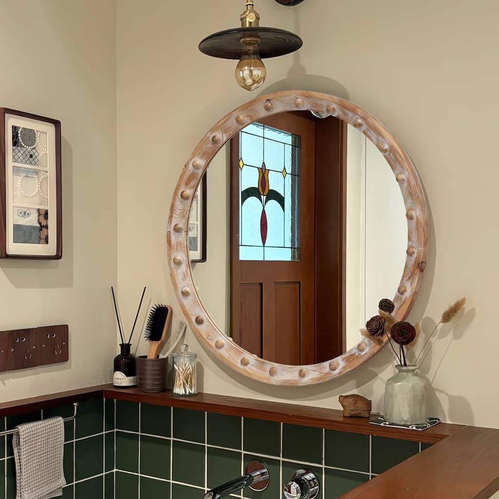 Vintage Rustic Round Wall Mirror - Natural Wood