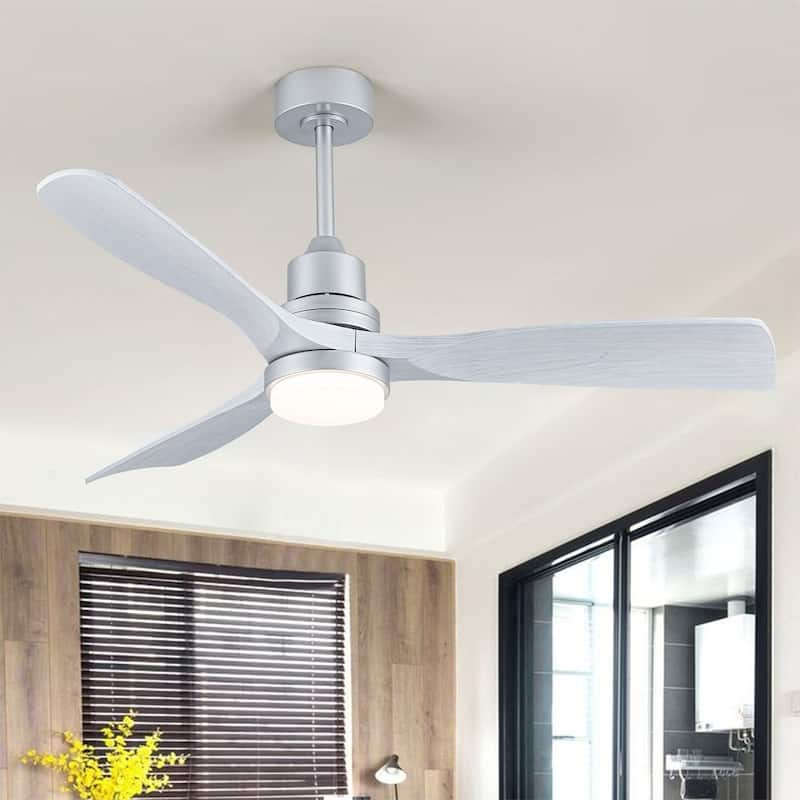 52 Inch 3-Blade LED Indoor&Outdoor Ceiling Fan with Light and Remote - Silver Canopy/White Wood Blades