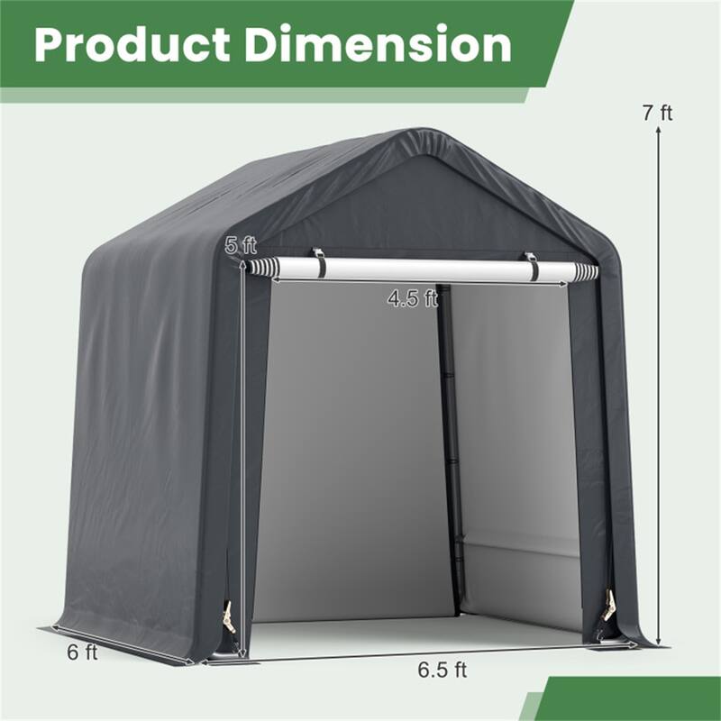 Grey Galvanized Metal Outdoor Storage Shed with PE Cover and Roll-Up Door - 78” W x 72” D x 84” H