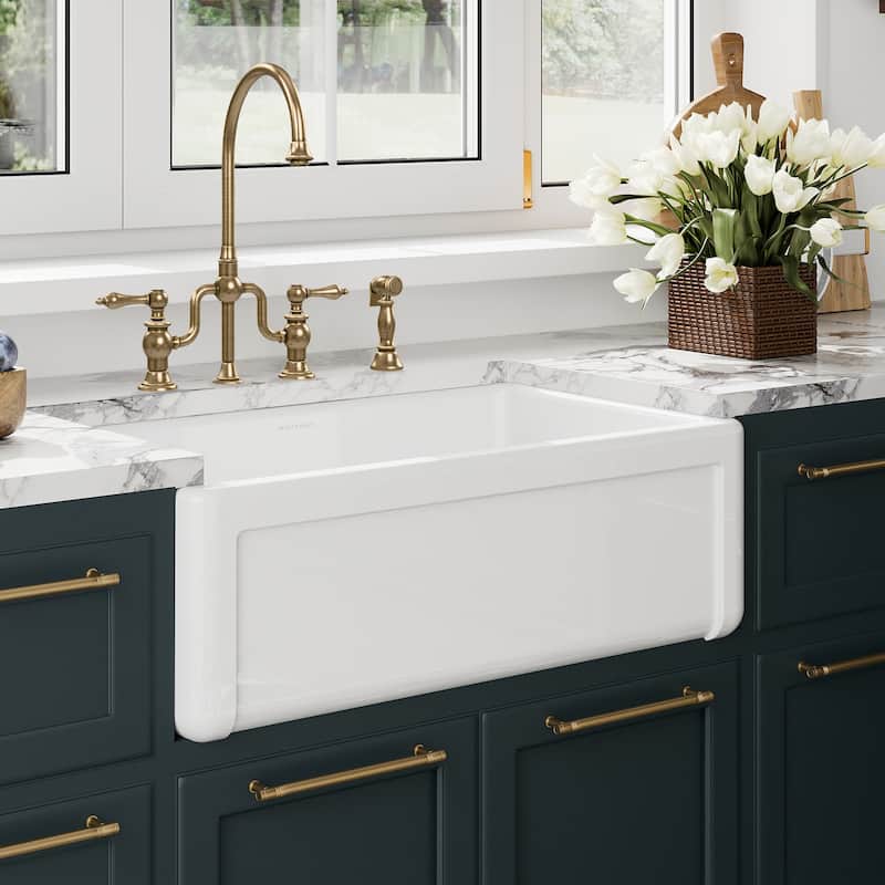 Reversible Fireclay Kitchen Sinks With Grid Three Edge Frame, Plain Front Apron