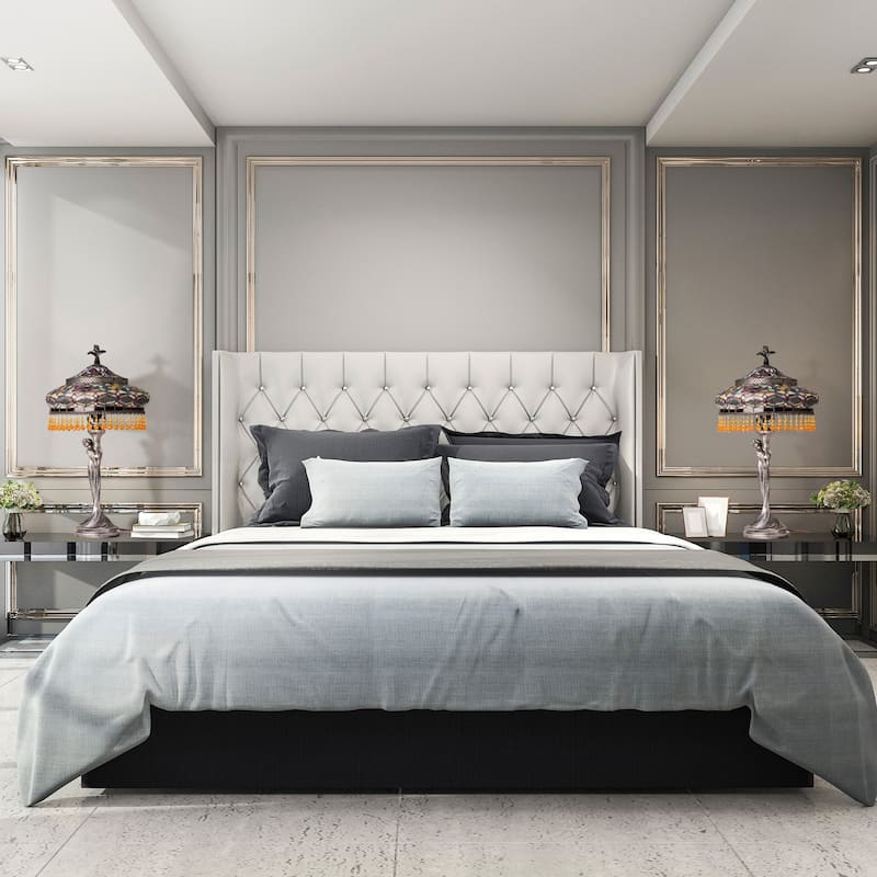 Parisian River of Goods Antique Silver Polyresin and Stained Glass Bell Shade 24-Inch Table Lamp - 12" X 12" X 24"