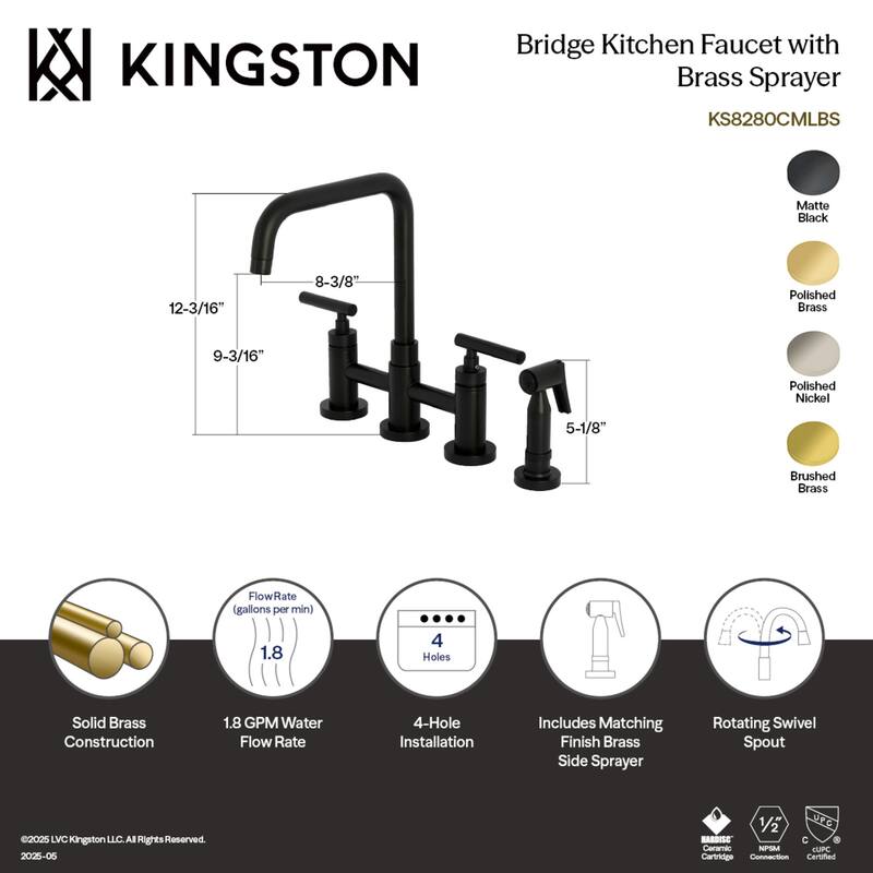 Kingston Brass Manhattan Two-Handle 4-Hole Deck Mount Bridge Kitchen Faucet with Brass Side Sprayer
