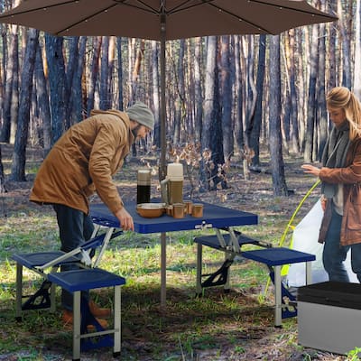 Portable Folding Picnic Table with Seats and Umbrella Hole, Multipurpose Table with Camping Chairs Set, 4-Seat, Aluminum Frame