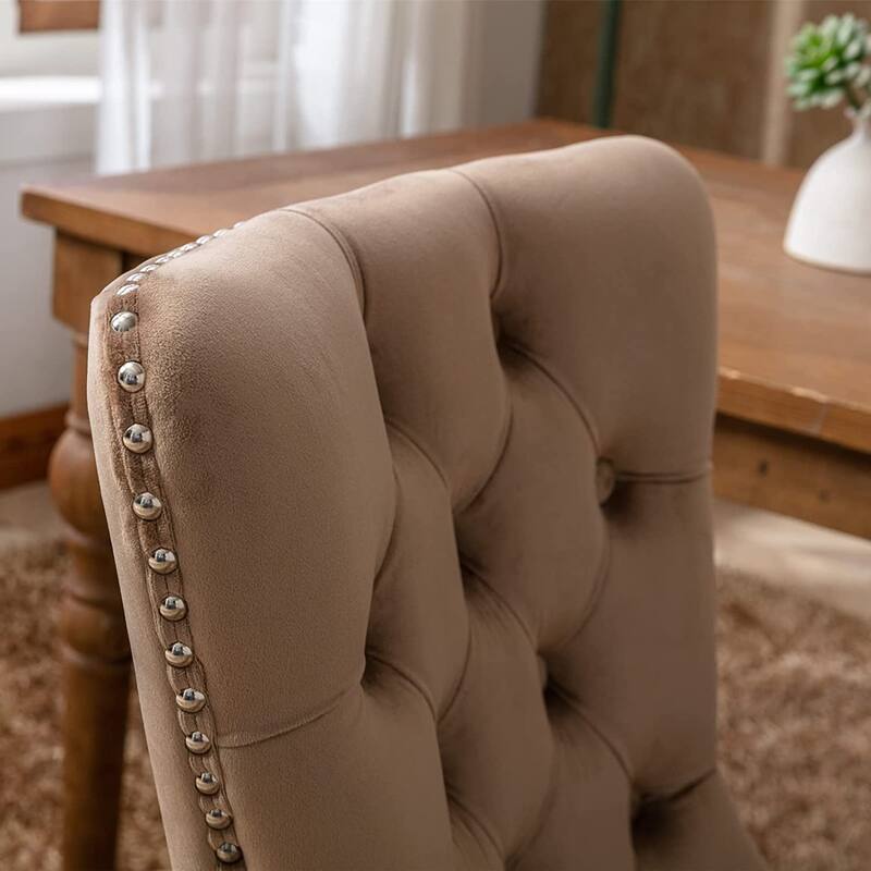 Set of 2 Velvet Dining Chairs – Tufted Upholstered Armless Accent Chairs with Nailhead Trim & Back Ring Pull