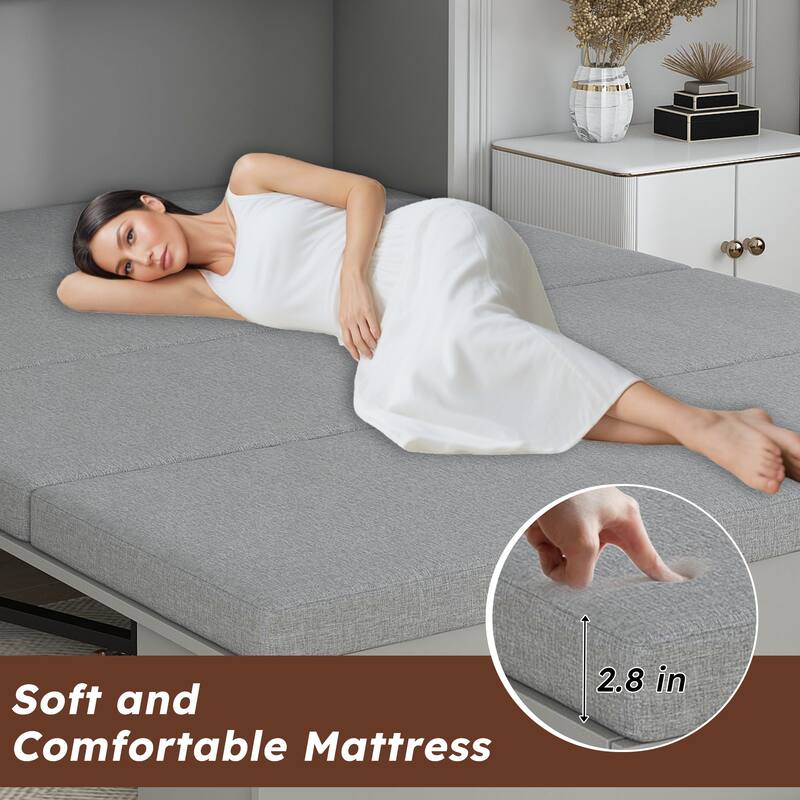 57" Murphy Bed with Storage Drawers, Charging Cabinet, Foldable Panels & Lockable Wheels, Full Size Wall Bed for Guest Room