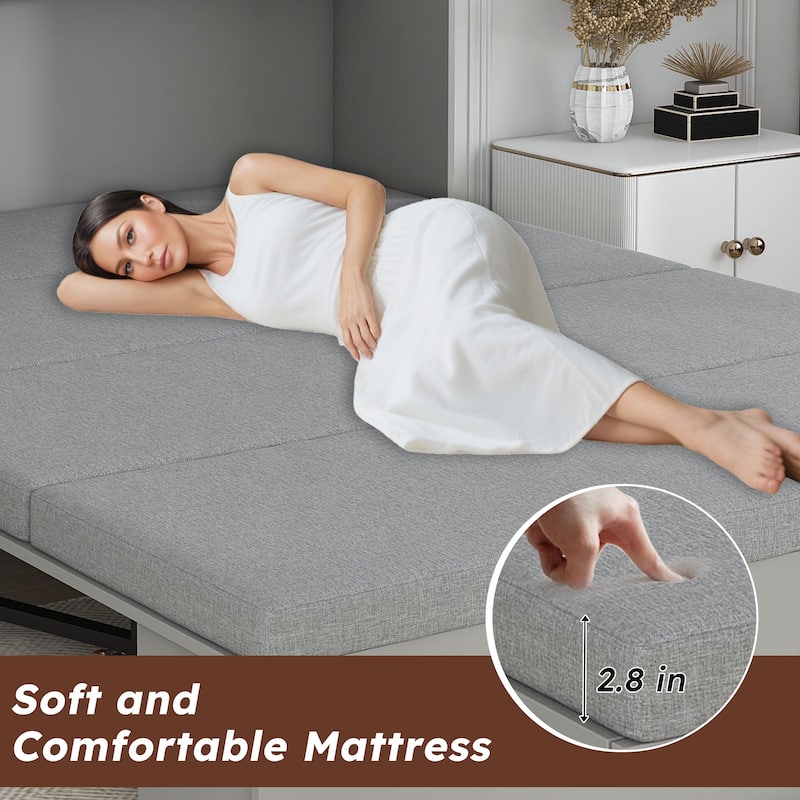 57" Murphy Bed with Storage Drawers & Charging Cabinet - Folding, Wheeled & Noise-Free for Guest Room, Living Room, Office