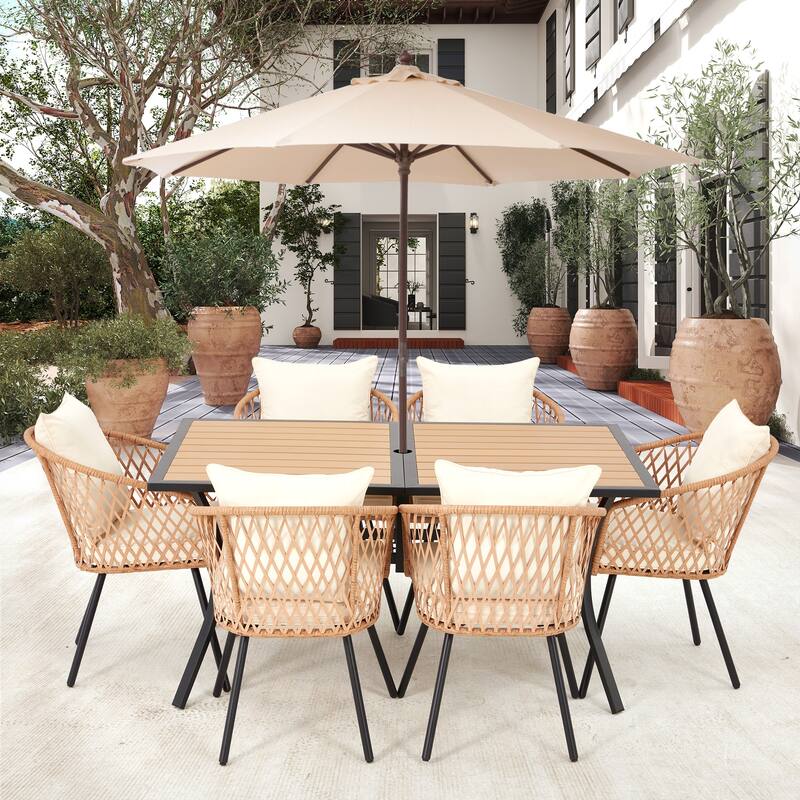 EROMMY 7 Piece Outdoor Dining Set with Umbrella Hole, Patio Table and 6 Rattan Chairs with Cushions, Weather-Resistant Furniture