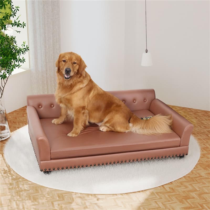 Orthopedic Pet Sofa Bed Waterproof Lounge Raised Bed Microfiber Leather Upholstered - Large
