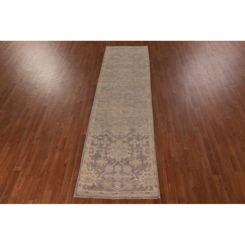 Vegetable Dye Oushak Turkish Runner Rug Handmade Floral Wool Carpet - 2'11" x 9'10"