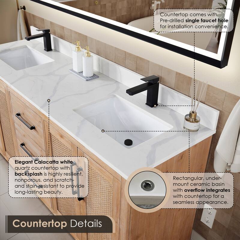 Floral Single Bathroom Vanity in Light Brown with Calacatta White Quartz Countertop without Mirror