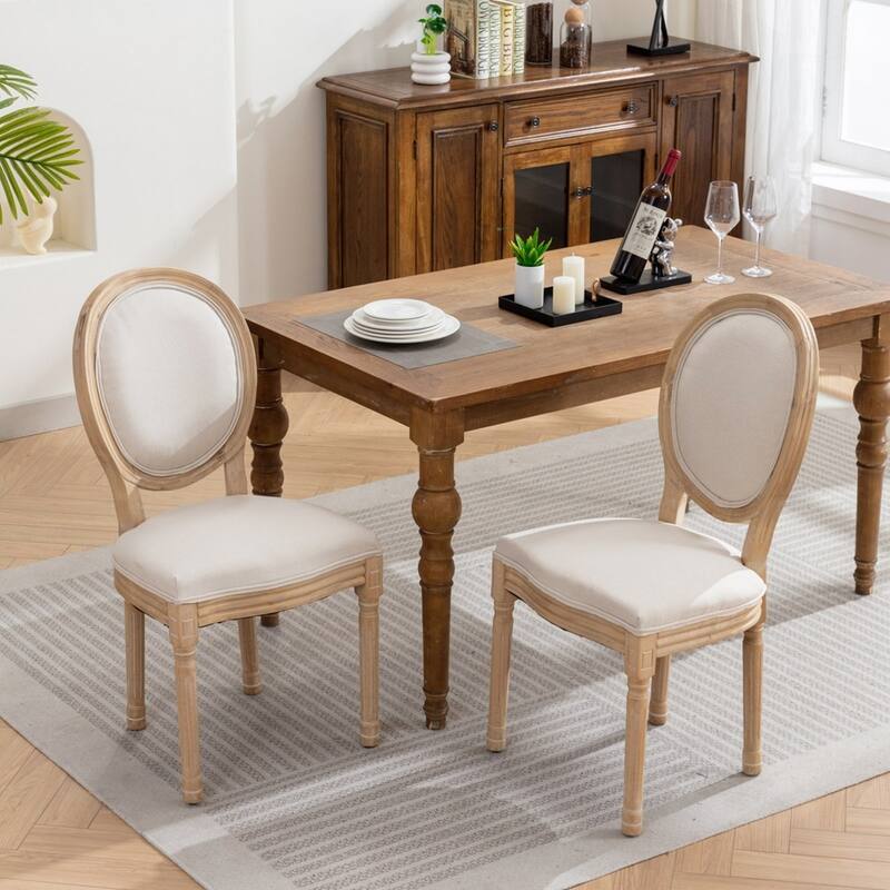 French Style Solid Wood Frame Antique Painting Linen Fabric Back Dining Chair - Beige Fabric