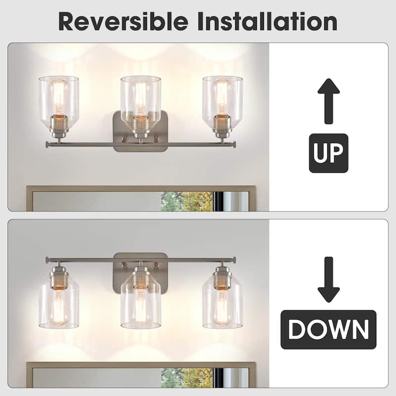 Modern Brushed Nickel 3-Light Seed Glass Dimmable Bathroom Vanity Light Fixture - 22" W x 8.75" H