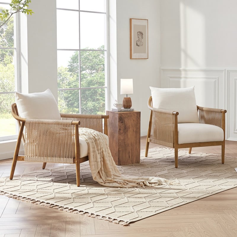 Lynn Accent Chair with Braid Wood Arm - Set of 2 - Cream