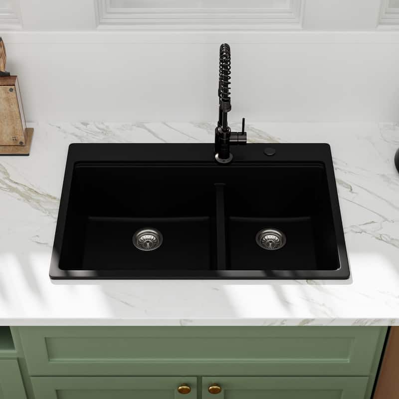 Lordear 33" Kitchen Sink Double Bowl Drop In Workstation Low Divider Quartz Composite Sink - 22 in.W x 33 in.D x 9.65 in.H
