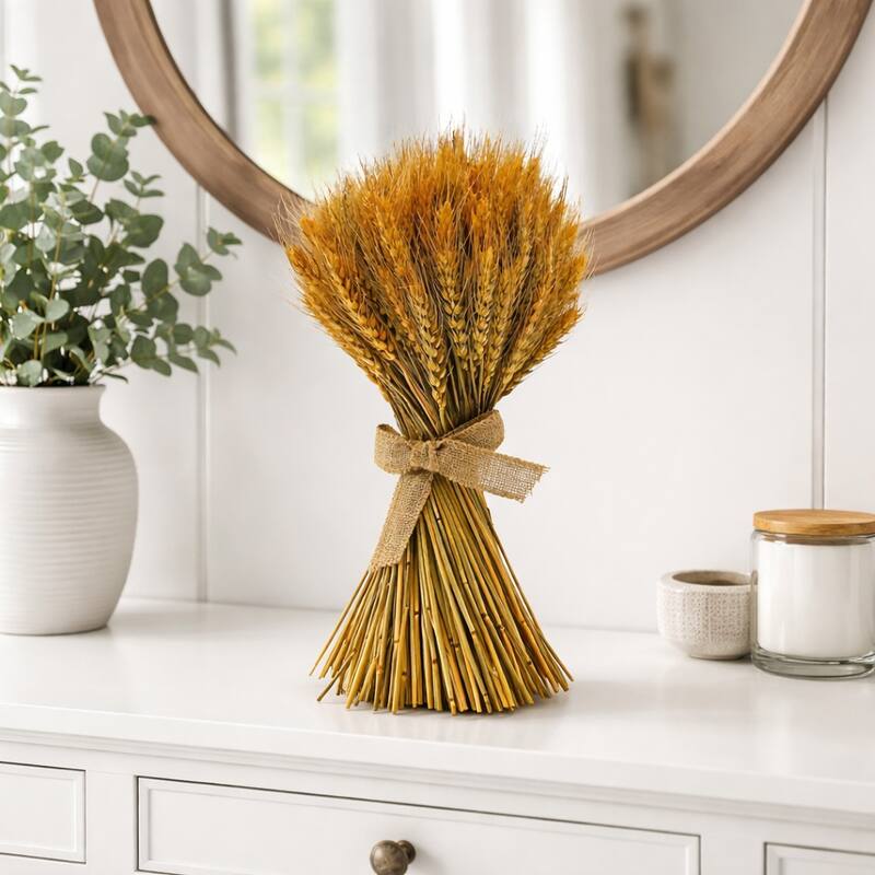 Preserved Decorative Wheat Standing Topiary Plant – Gold Natural Wheat Spring Botanical Accent - 16 inches