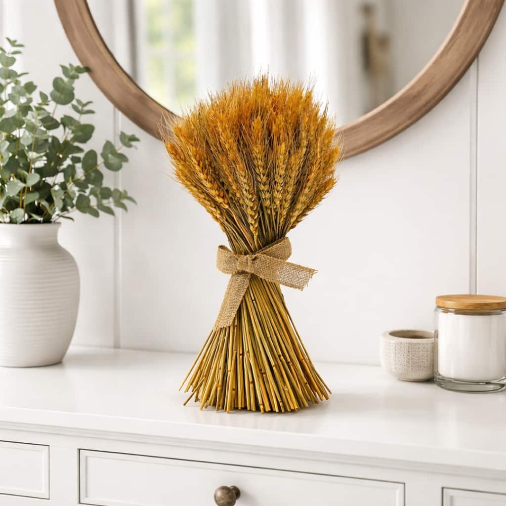 Preserved Decorative Wheat Standing Topiary Plant – Gold Natural Wheat Spring Botanical Accent - 16 inches