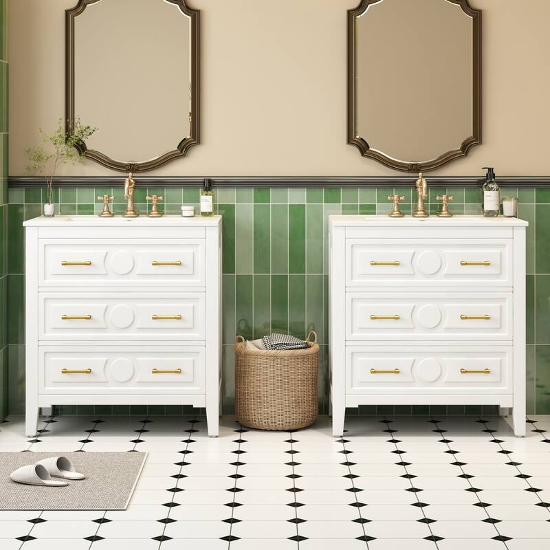 60"Bathroom Vanity with Ceramic Sink Combo, Free Standing Single Vanity Set with 3 Drawers, Wood Frame Bathroom Storage Cabinet - White