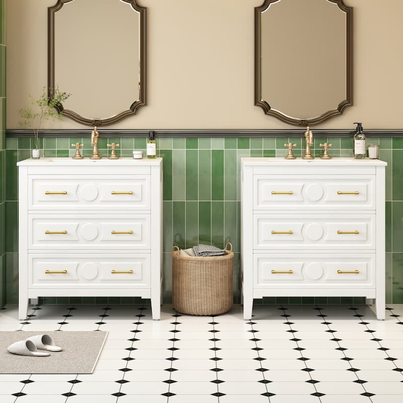 GDFStudio - Wellington Retro Freestanding Double Bathroom Vanity Set with Ceramic Sink and 3 Storage Drawers - 60'W