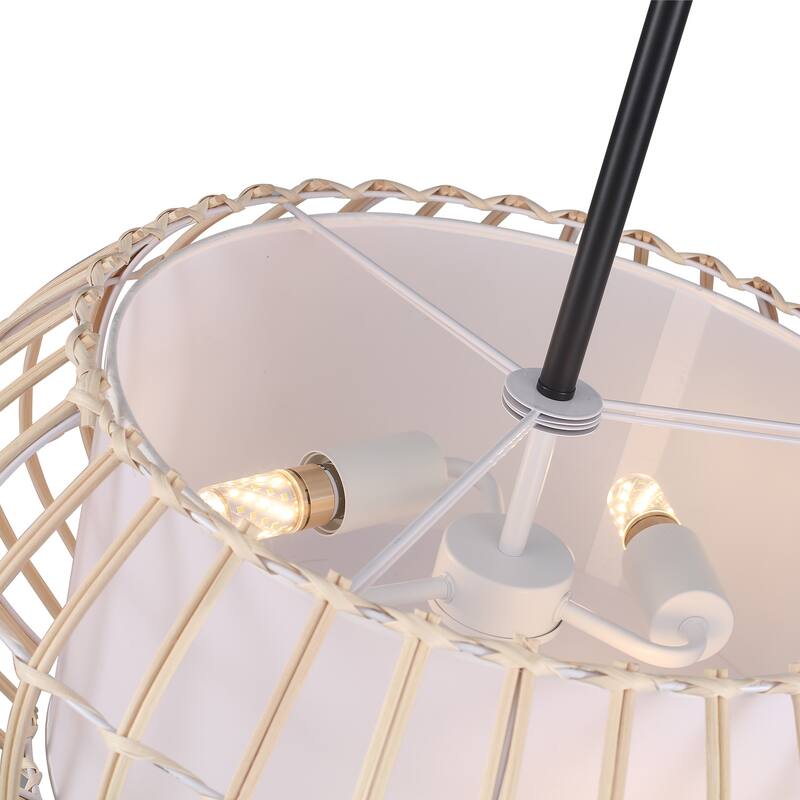 3 - Light Dimmable Rattan - Wrapped Oval Drum Chandelier - Black - N/A