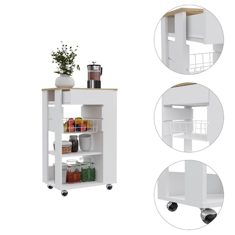 5-Shelf White and Light Oak Kitchen Cart, 1 Drawer & Rack with Caster Wheels for Storage and Mobility