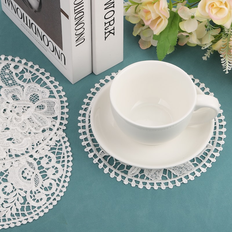 Lace Doilies, 8Pcs 7" - Polyester Round Lace Placemats for Home (White)