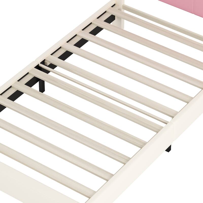 Cute Girl Princess Bed with Crown Headboard, PU Upholstered Platform Bed, Wood Panel Bed Low Profile Bed