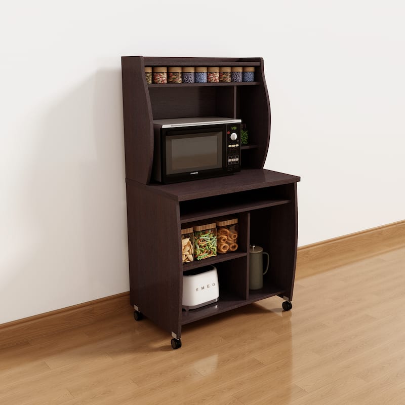 Microwave cart computer cart utility cart with hutch shelves spice rack mobile on locking castors white