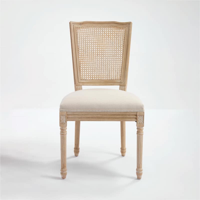 Set of 2 French Country Dining Chairs, Upholstered with Natural Rattan T-Shaped Back