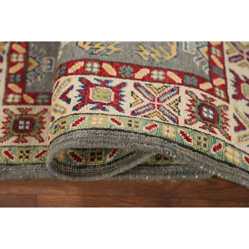 Geometric Kazak Foyer Rug Handmade Grey Wool Handmade Wool Carpet - 2'8" x 4'2"