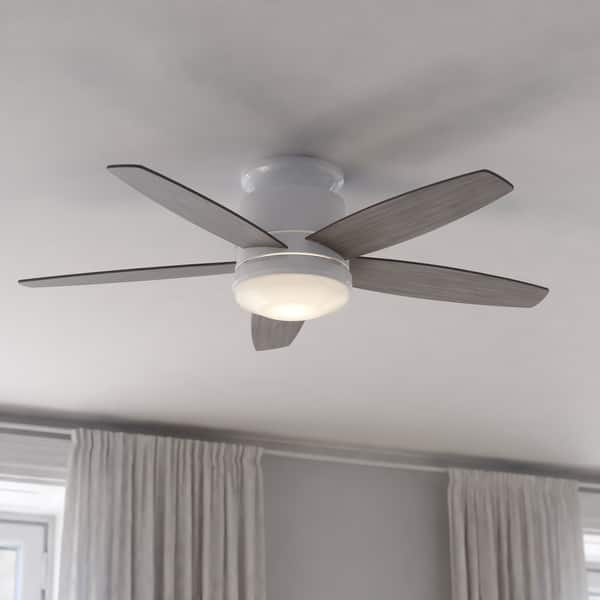 slide 2 of 9, Armon 44 in. Low Profile Flush Mount Ceiling Fan with Reversible Blades, Dimmable LED Light Kit and Remote, Frosted Glass Shade 44-in W x 11.5-in H x 44-in D - White