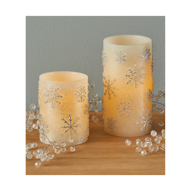 Snowflake LED Flameless Pillar Candle 3x4 - Ivory Paraffin Wax Winter Christmas Decor - Safe and Elegant Lighting