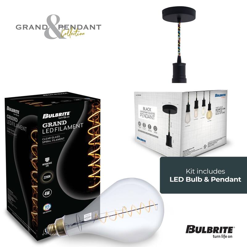 Bulbrite LED Grand Bulb and Pendant Kit of (1) 4 Watt Clear Glass 13" Pear Shaped Bulb