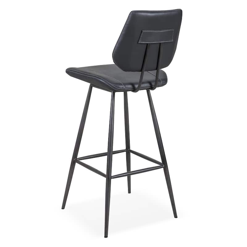 Leather Upholstered and Metal Bar Height Stool, Stitch Details, Set of 2, Black
