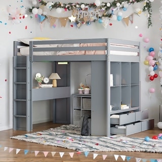 Multifunctional Design Full Size Loft bed with Built-in Desk and LED Light