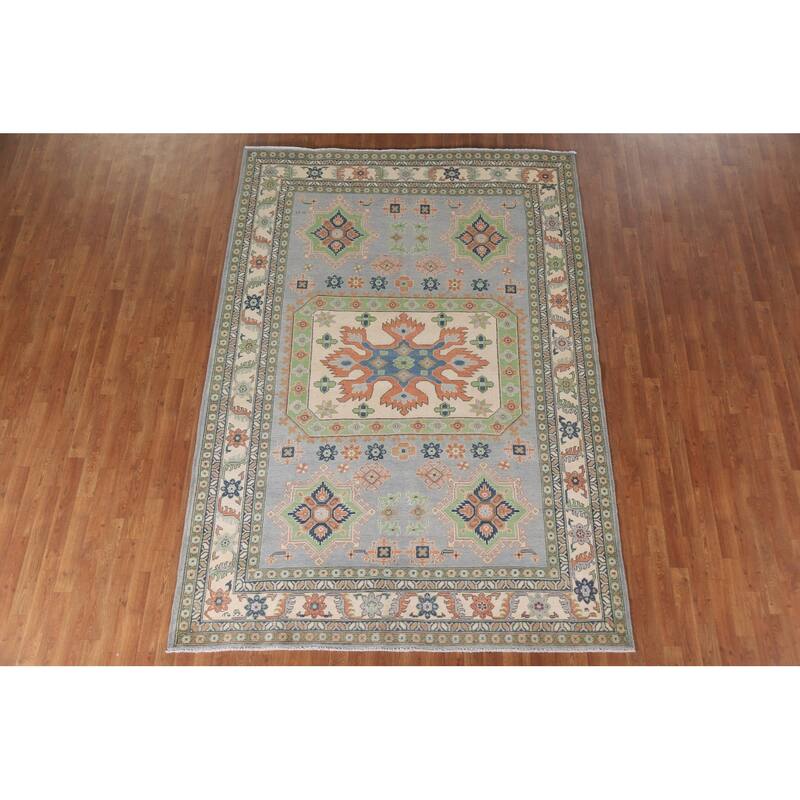 Hand Knotted Oriental 100% Wool Carpet Traditional Geometric Greys & Charcoal Kazak Area Rug - 9' 10'' X 6' 10''