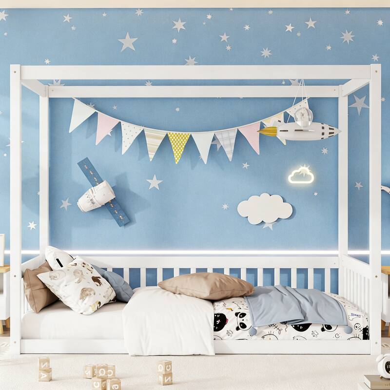 Twin Size Canopy Frame Floor Bed with Fence, Guardrails, White - White