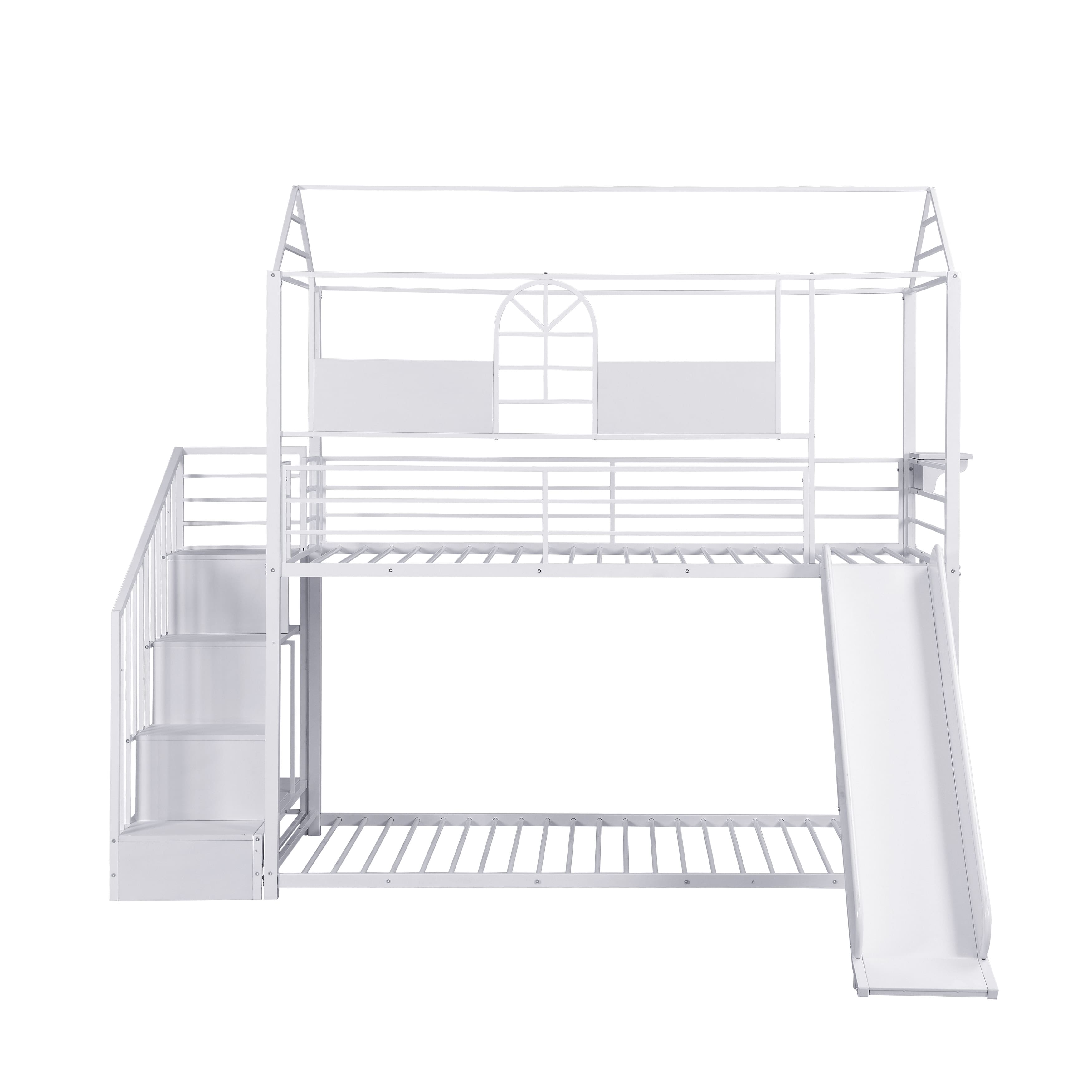 Twin Over Twin Metal House Bunk Bed with Slides and Storage Stairs