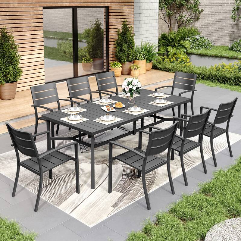 MAISON ARTS 9 Pieces Outdoor Patio Dining Set for 8, Metal Steel Table with Umbrella Hole & Stackable Chairs - Rectangular Table