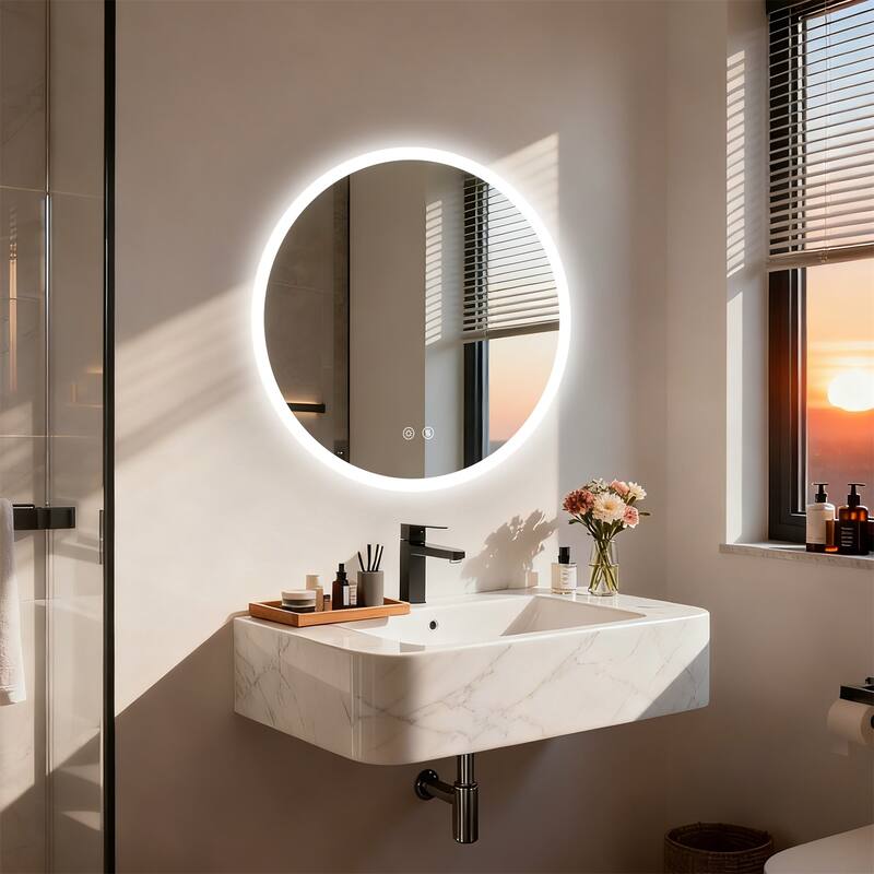 Backlit Round LED Lighted Bathroom Mirror Smart Touch Anti-Fog Wall Makeup Mirror with Aluminum Frame - 24" x 24"