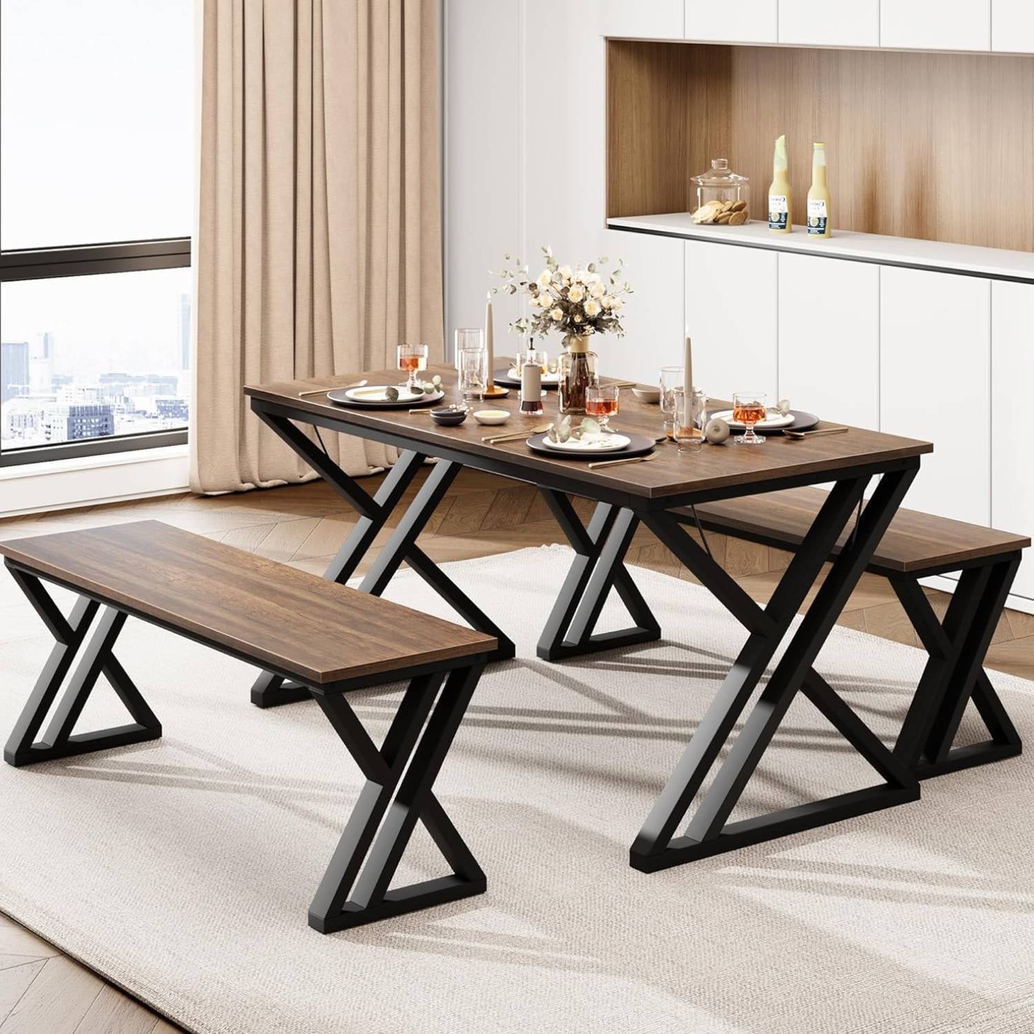 Modern Rectangular Dining Table Set with Benches On Sale Bed