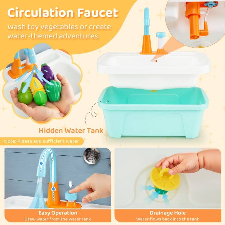 Wooden Toy Kitchen Playset with Removable Circulation Faucet and Cooking Accessories-Blue - Multi